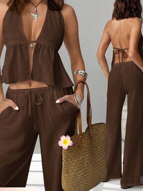 Brown Women’s Wide-Leg Jumpsuit Set